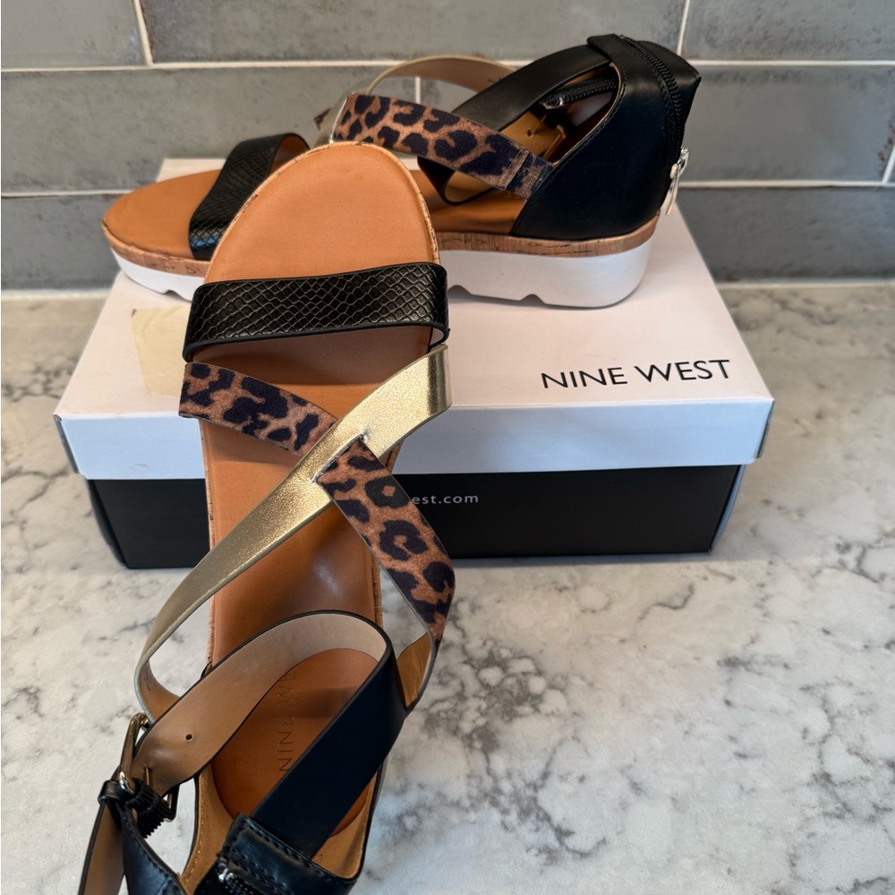 Nine West Black, Gold, and Leopard Sandals